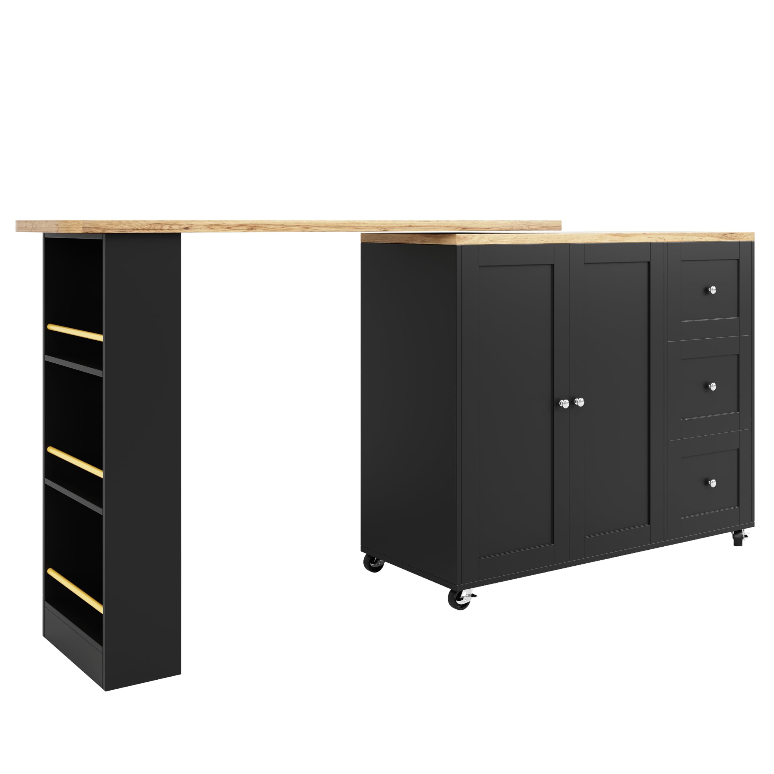Mesa alta giratoria 360° (138-209 x 39 x 104 cm) con ruedas con tres cajones, viene con soporte para aperitivos. Isla de almacenamiento multifuncional, para cocina y salón (negro)
