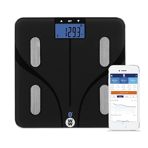 Weight Watchers - Báscula para peso corporal, báscula de baño digital inteligente con Bluetooth con grasa corporal, músculos e IMC en color negro