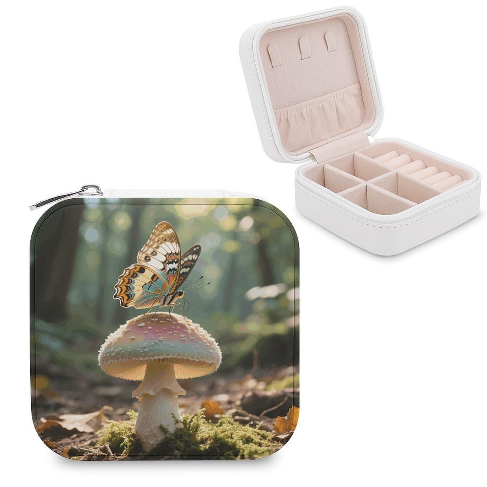 VstaDank Butterfly Mushroom Jewelry Organizer Travel Case for Women With Zipper Mini Jewelry Case PU Leather Jewelrys Box for Rings Necklaces Bracelets Earring Holder Organizer Storage