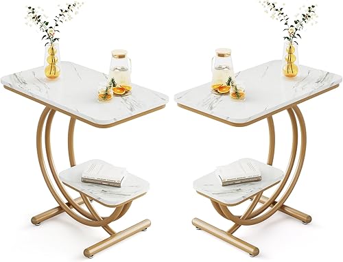 Tribesigns Mesa auxiliar moderna con mesa de mármol sintético, mesa auxiliar de 2 niveles con patas de metal en forma de C para sala de estar,