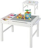 Vista 11 de HONEY JOY Mesa para niños, mesa de actividades de madera 2 en 1 con rollo de papel, mesa de bloques de construcción convertible, 3 compartimentos