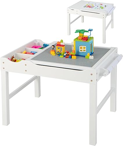 HONEY JOY Mesa para niños, mesa de actividades de madera 2 en 1 con rollo de papel, mesa de bloques de construcción convertible, 3 compartimentos de