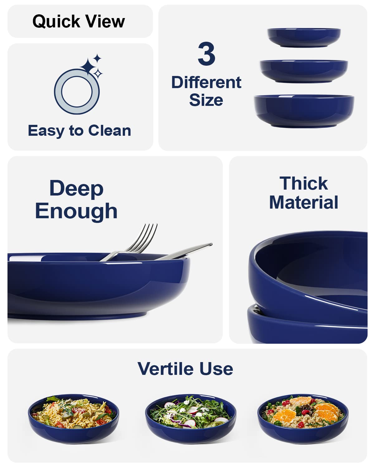LE TAUCI Set di 4 ciotole per pasta da 1,27 g, grandi insalatiere e ciotole da portata, ciotole per zuppa, piatti per pasta in ceramica, colore: blu