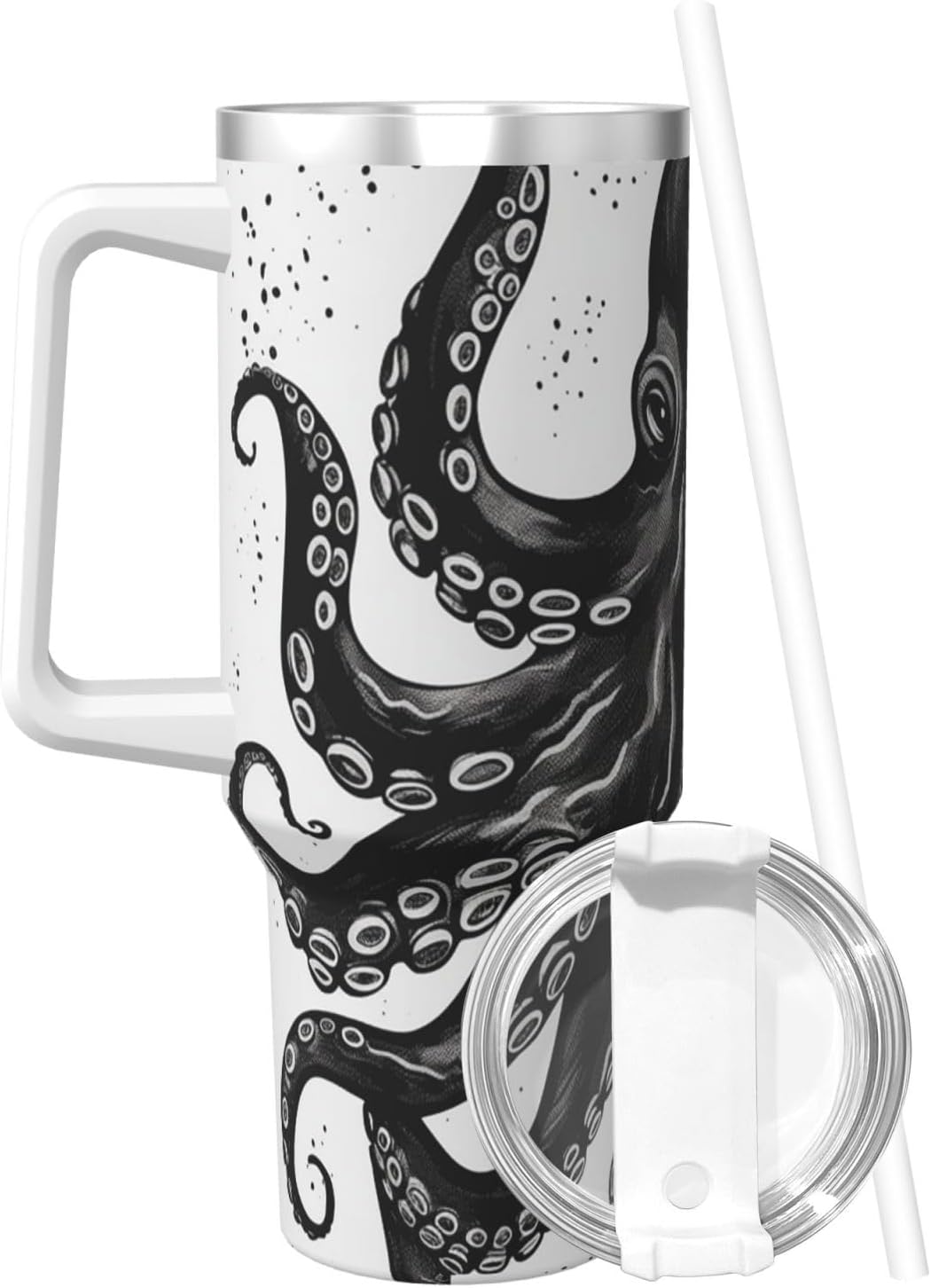 40 oz Stainless Steel Tumbler with Handle and Straw, Classic Black Octopus Car Cup Insulated Water Bottle Personalized Ice Bully Cup Hot/Cold Travel Coffee Mug Gifts, Cupholder Friendly - Image 2