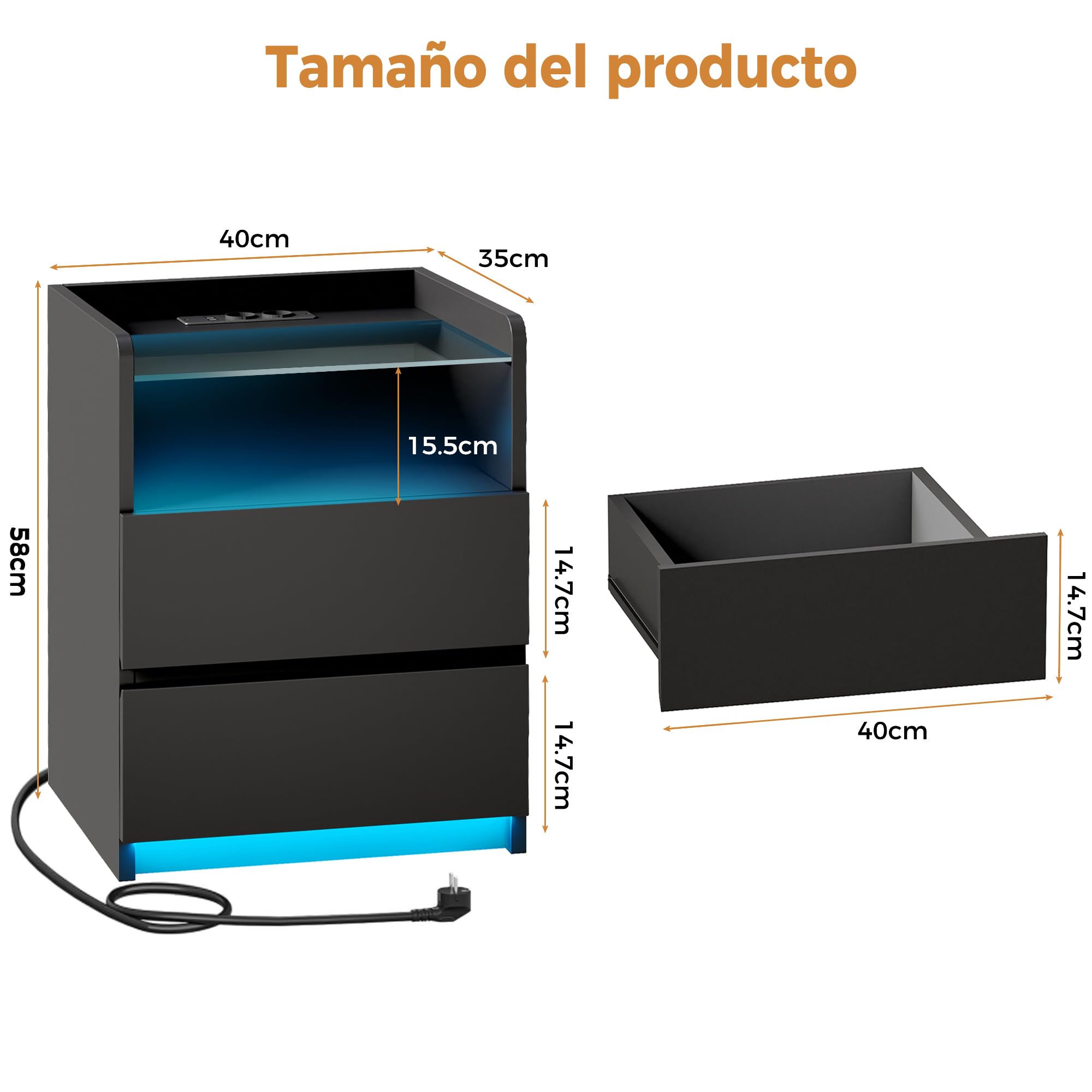 ANWBROAD Juego de 2 Mesitas de Noche con Enchufes Integrado y LED Luces, Mesilla de Noche con Tapa de Vidrio, Mesa Auxiliar con 1 Compartimento Abierto y 2 Cajones,para Salón,Dormitorio,Negro BNS001B
