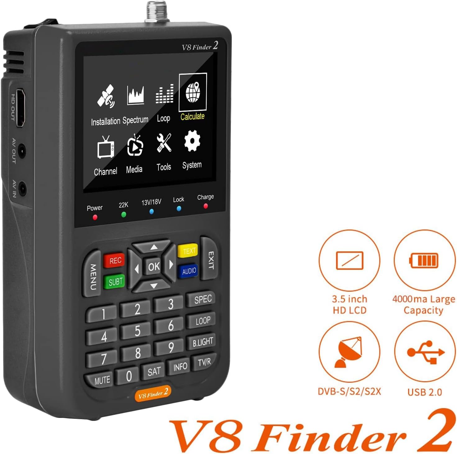 V8 Finder 2 TV Signal Finder Meter, DVB-S/S2/S2X Signal Receiver with 3.5 inch HD Digital Display, H.264 Auto Calculate Angle Built-in 4000mAh Battery for Adjusting Sat Dish