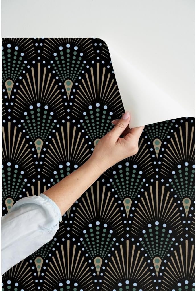 Peel & Stick Wallpaper 3ft x 2ft - Art Deco Fan Black Green Brown Gold Geometric Dots Custom Removable Wallpaper by Spoonflower