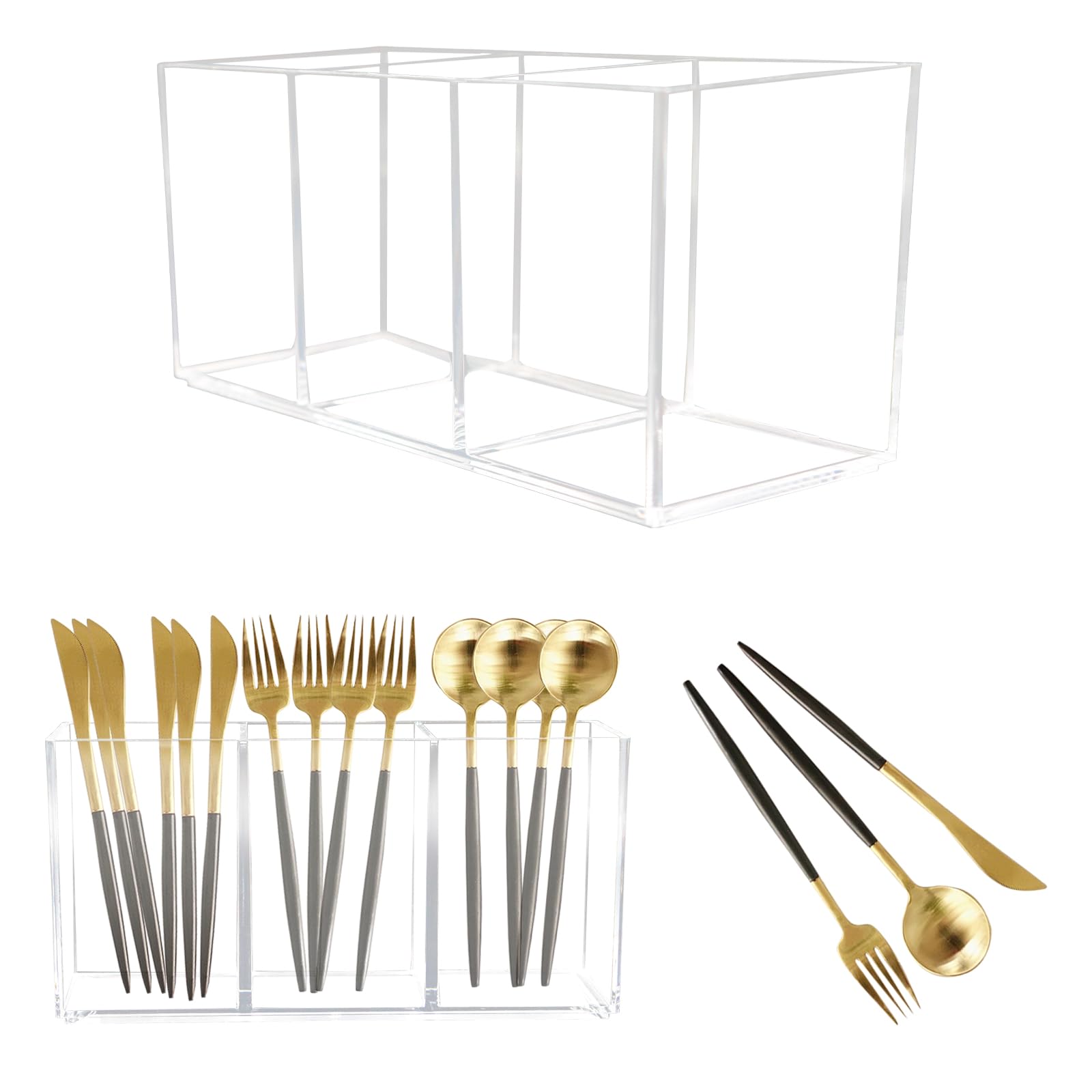 BingegePet Acrylic Kitchen Utensil Holder, Cutlery Caddy with 3 Sections of Storage, Cutlery Organizer for Forks, Knives and Spoons