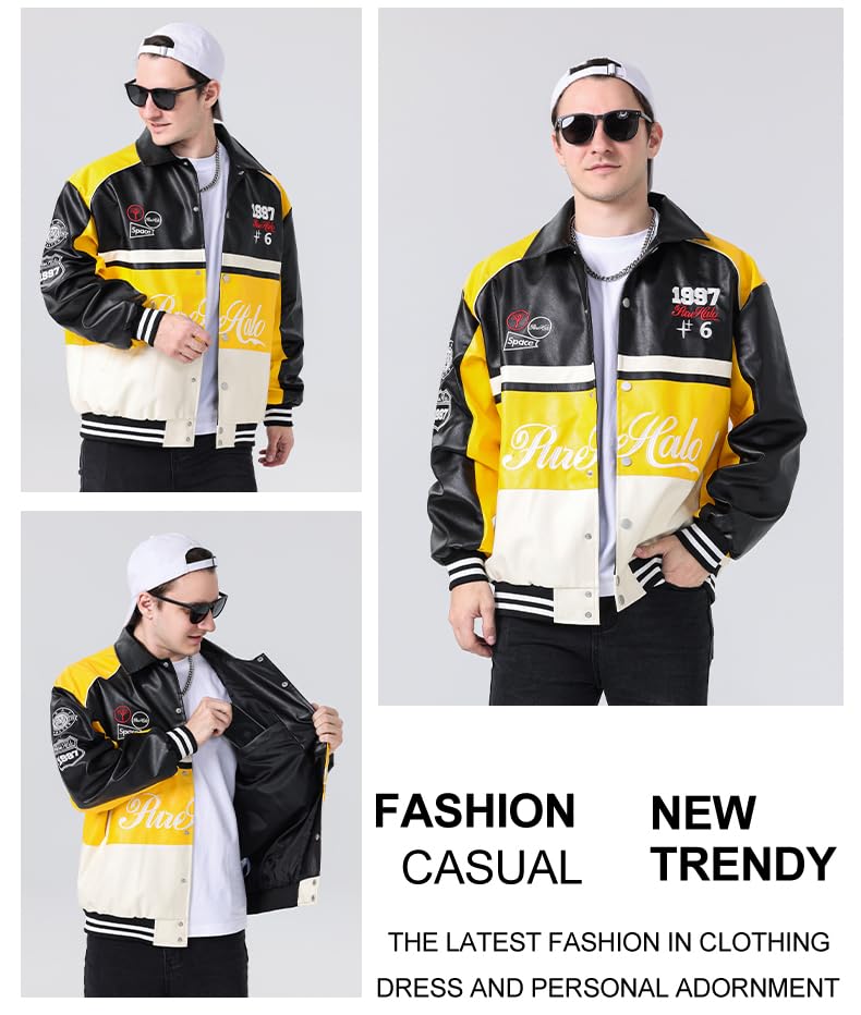 Image of Unisex Racing Jacket for Women Leather Jacket Women Oversized Trendy Streetwear Yellow 3XL