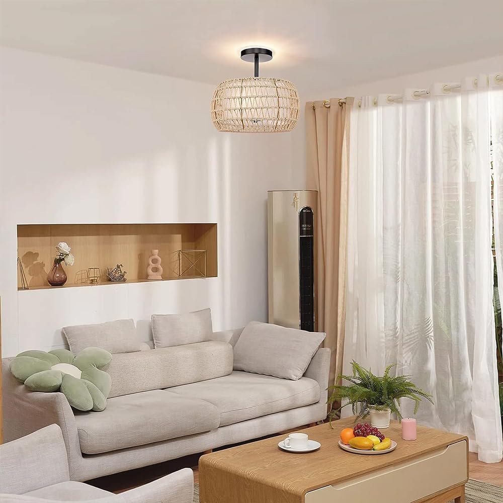 Oprawa Oświetleniowa Sufitowa Z Rattanu, Oprawa Oświetleniowa W Stylu Boho, Sufitowa Do Korytarza, Ręcznie Tkana Rustykalna Oprawa Oświetleniowa, Półpłaska Oprawa Oświetleniowa Do Przedpokoju, Sypialn