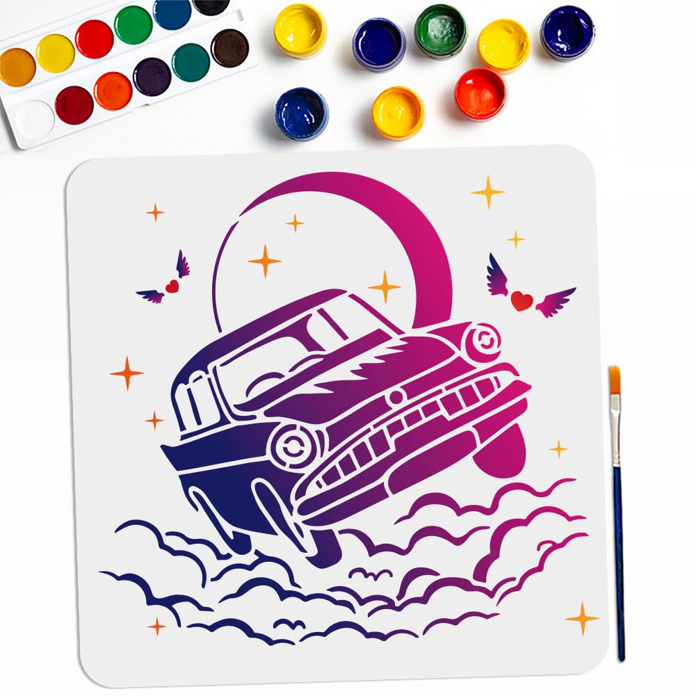 MAYJOYDIY Car Moon Clouds Stencils 30×30cm Sky Space Painting Stencil with Paint Brush Dreamy Star Cloud Moon Stencils Template for Crafts Wood Wall Fabric Paper Wall Furniture