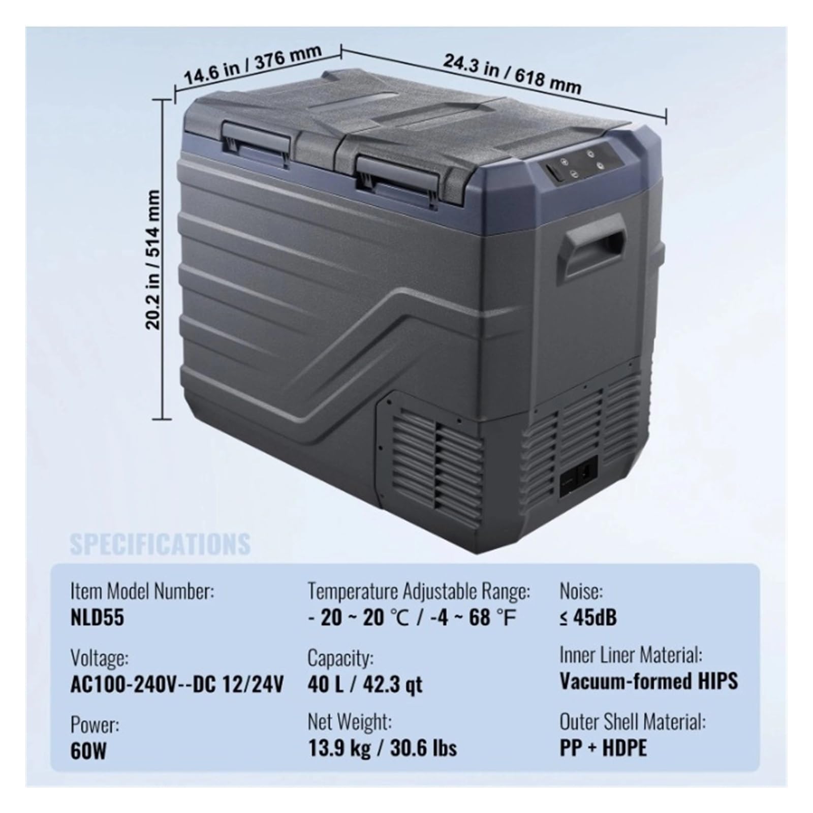 Refrigerador portátil de Doble Zona for Coche, refrigerador for Coche, refrigerador con compresor de Rango Ajustable de 12/24 V CC y CA.(NLD55)
