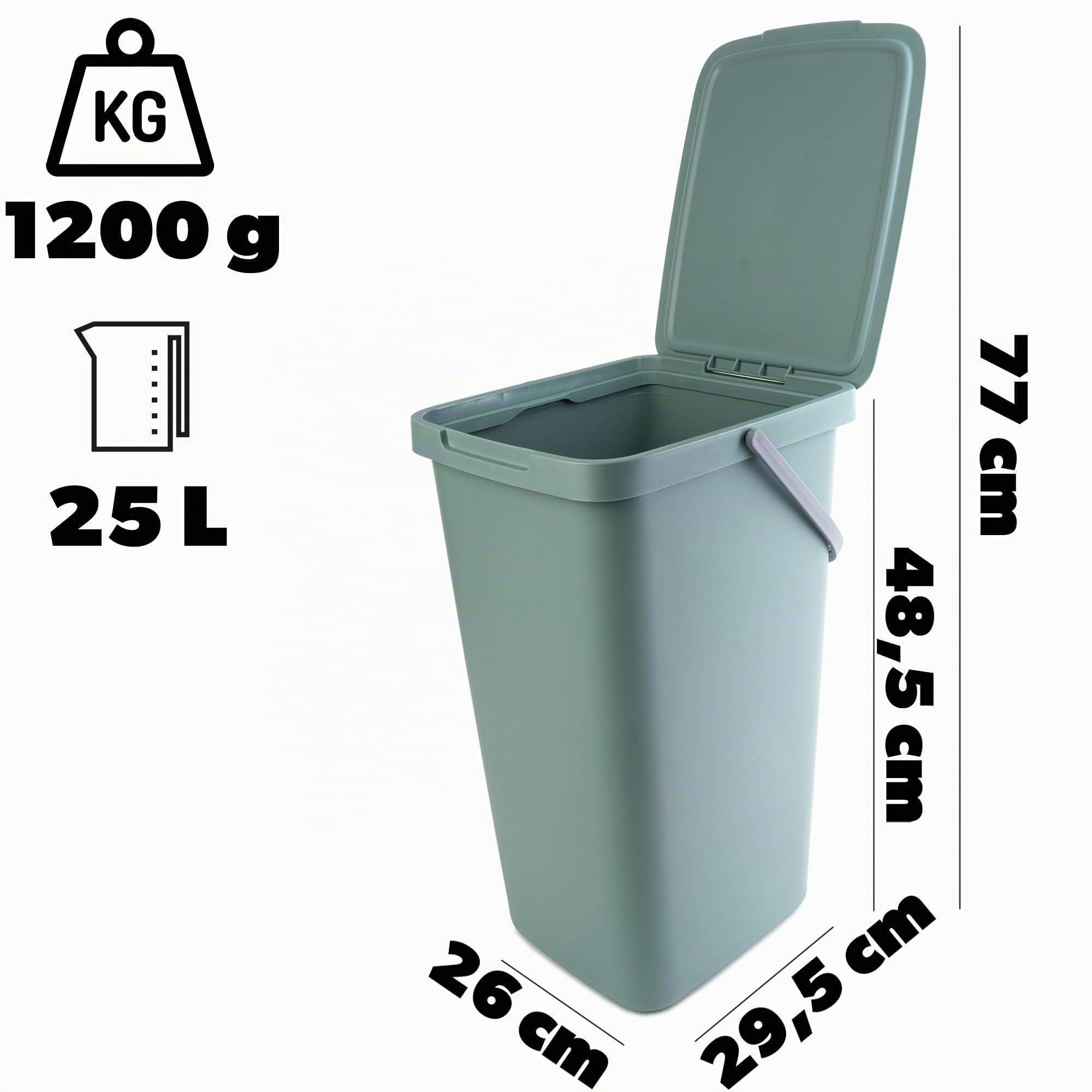 KADAX Abfallbehälter 25L, 3er Set, Abfalleimer aus Plastik mit Deckel und Griff, Mülleimer für Mülltrennung, Abfallsammler mit Klappdeckel (Grün, Gelb, Blau)