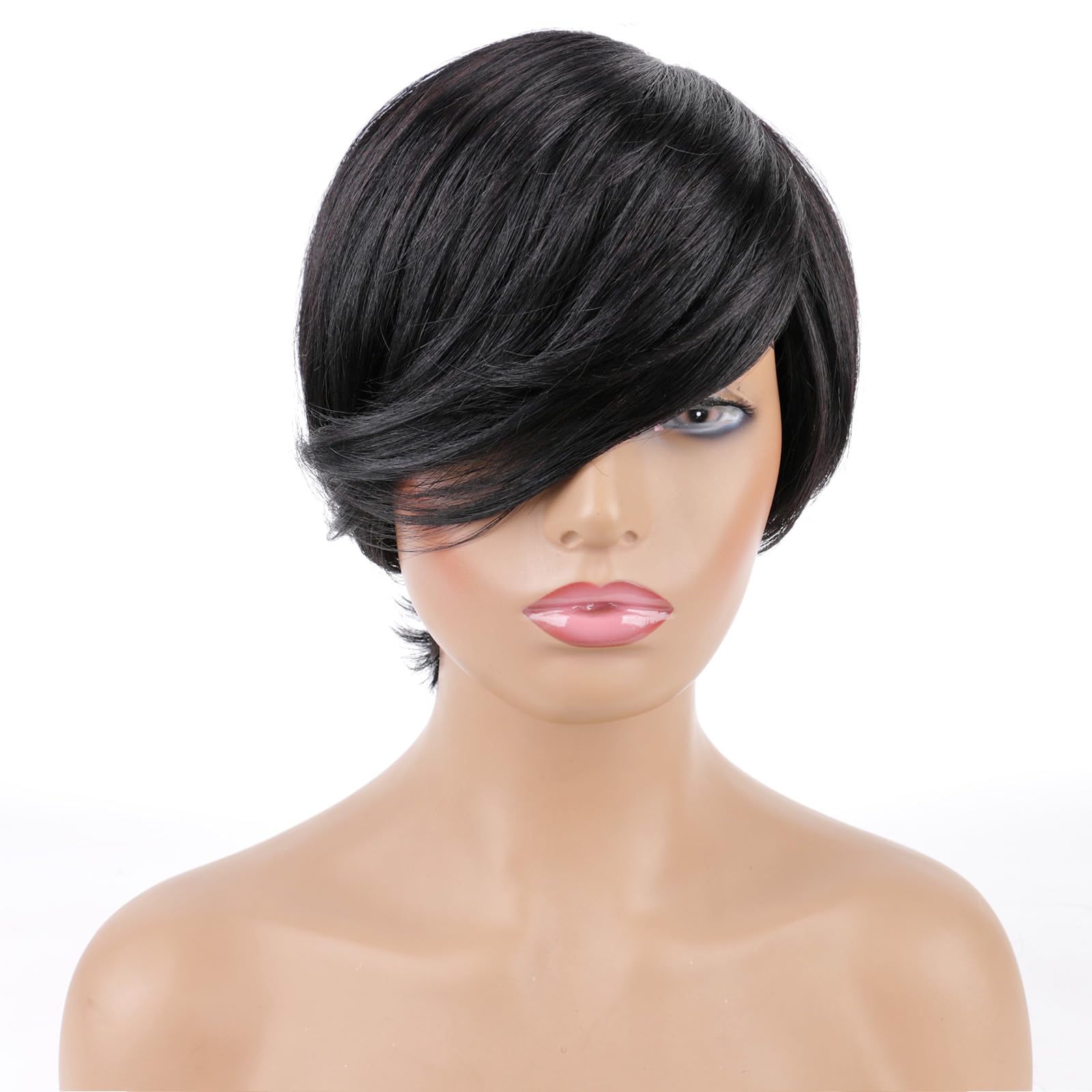 Huarisi Short Black Bob Wig with Bangs Side Part 1B Chic Elegent Pixie Cut Wigs for Women Wavy Human Hair Glueless Natural Side-Swept Fringe Layered None Lace Remy Real Hair - Image 3