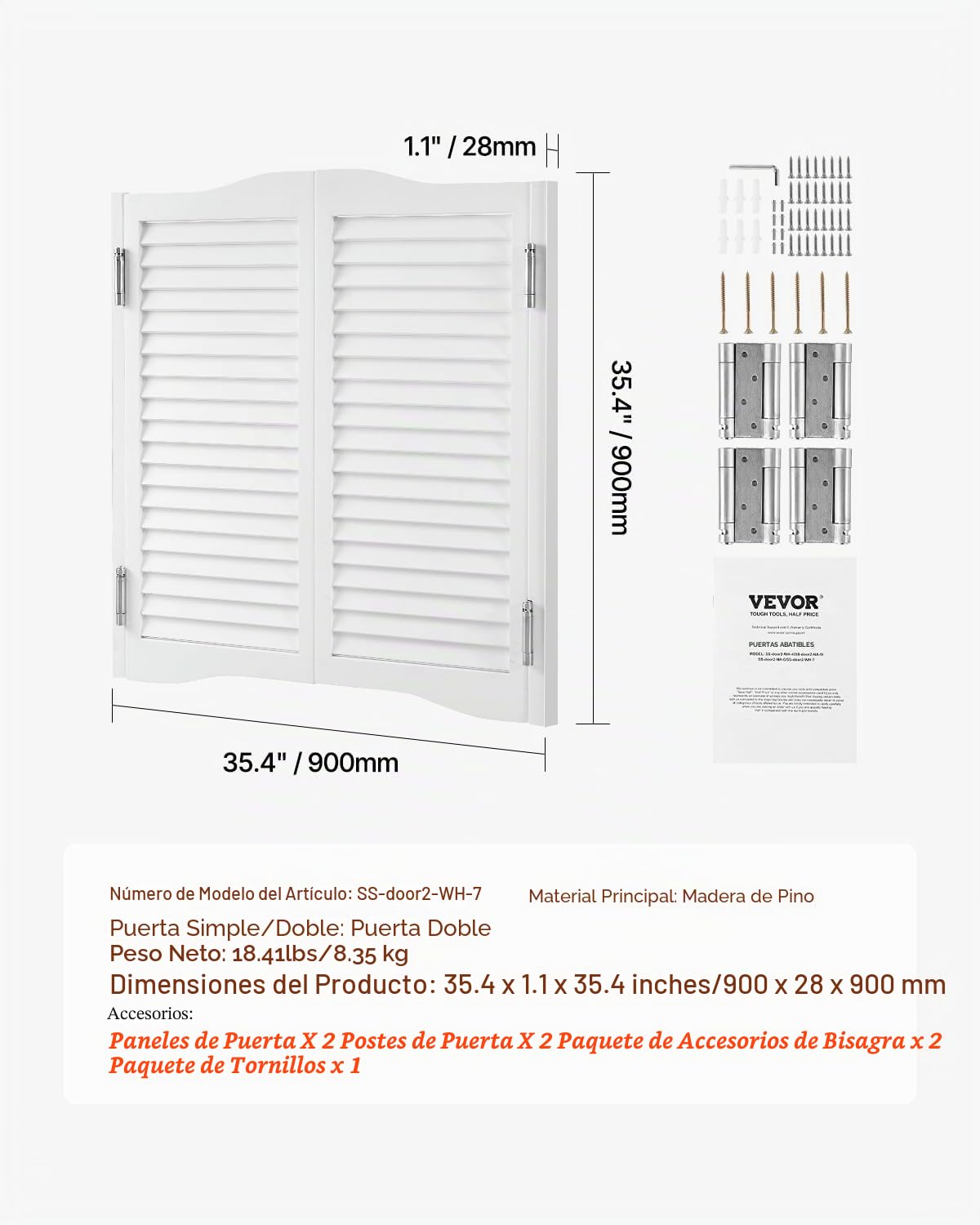 VEVOR Puertas Batientes para Cafetería, Puerta Interior con Arco Superior de Doble Acción 900 x 28 x 900 mm de Madera de Pino con Bisagras y Herrajes para Pasillo, Cocina, Bar, Color Blanco
