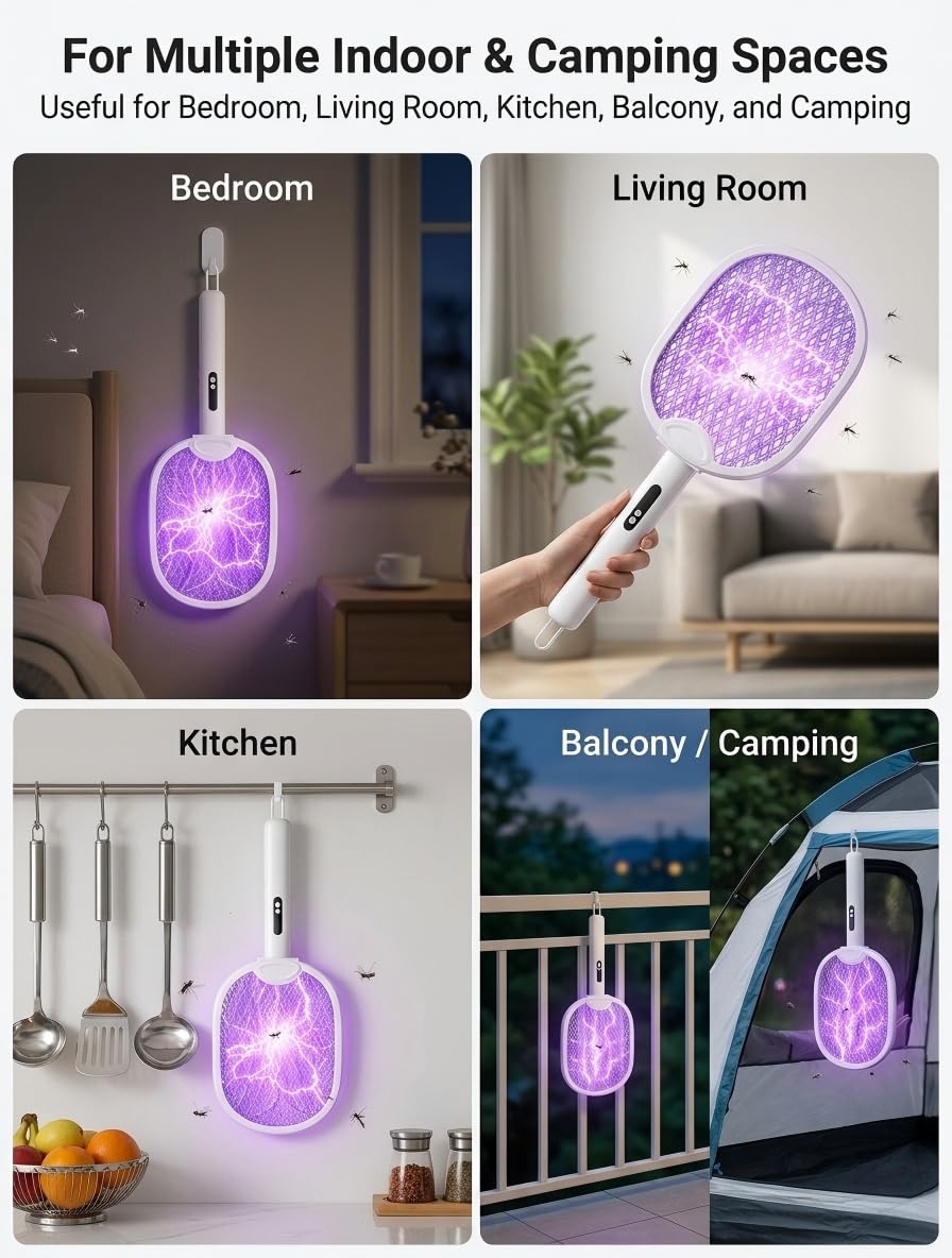 WOCVRYY Składana Elektryczna łapka na Komary 4000 V Urządzenie 3 w 1 ładowane Przez USB (Akumulator 1800 mAh) z Oświetleniem LED Przenośna Rakieta na Komary do Użytku Wewnątrz i na Zewnątrz