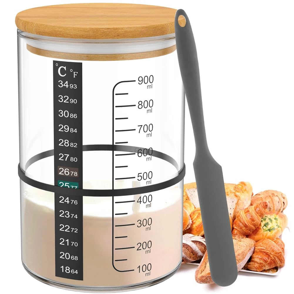 CTRLZS Sourdough Jar Wide Mouth Glass Jar with Wooden Lid Sourdough Container Wide Mouth Glass Jar for Baking Bread