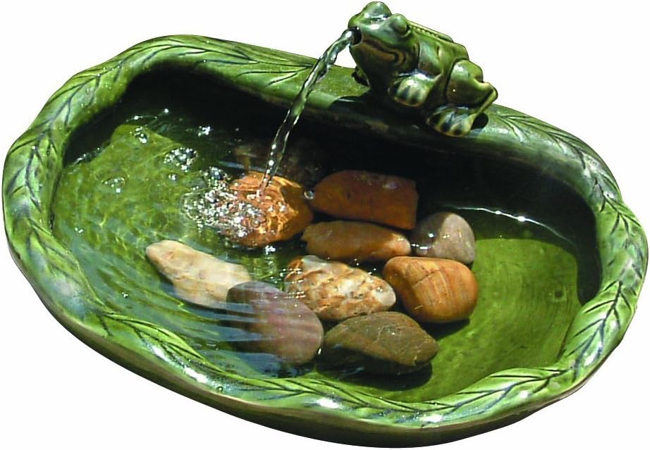 Smart Solar 22300R01 Solar Powered Ceramic Frog Water Feature, Green Glazed Ceramic, Powered By An Included Solar Panel That Operates An Integral Low Voltage Pump With Filter