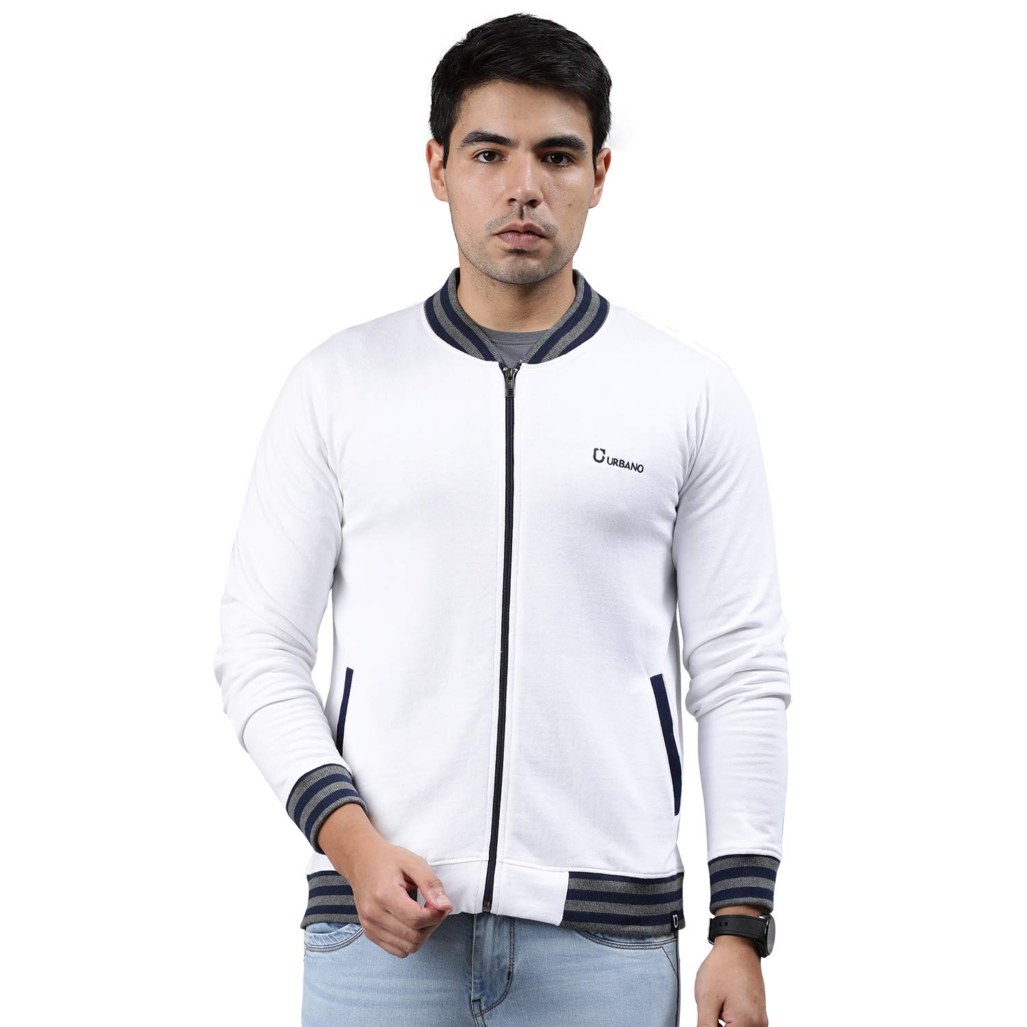 Men's Cotton Regular Zippered Varsity Sweatshirt Jacket