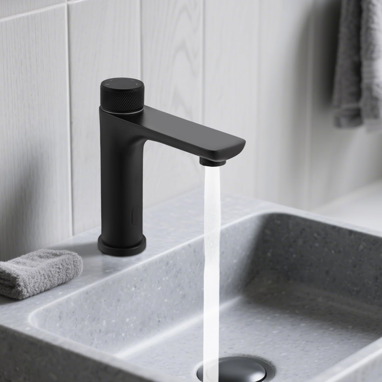 Rubinetto a infrarossi per bagno con sensore, rubinetto automatico da bagno senza contatto, per lavabo, bagno, cucina, lavandino a mano (nero)
