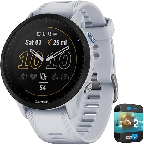 Garmin 010-02638-01 Forerunner 955 Solar GPS Smartwatch Whitestone Bundle con 2 YR CPS Paquete de Protección Mejorada