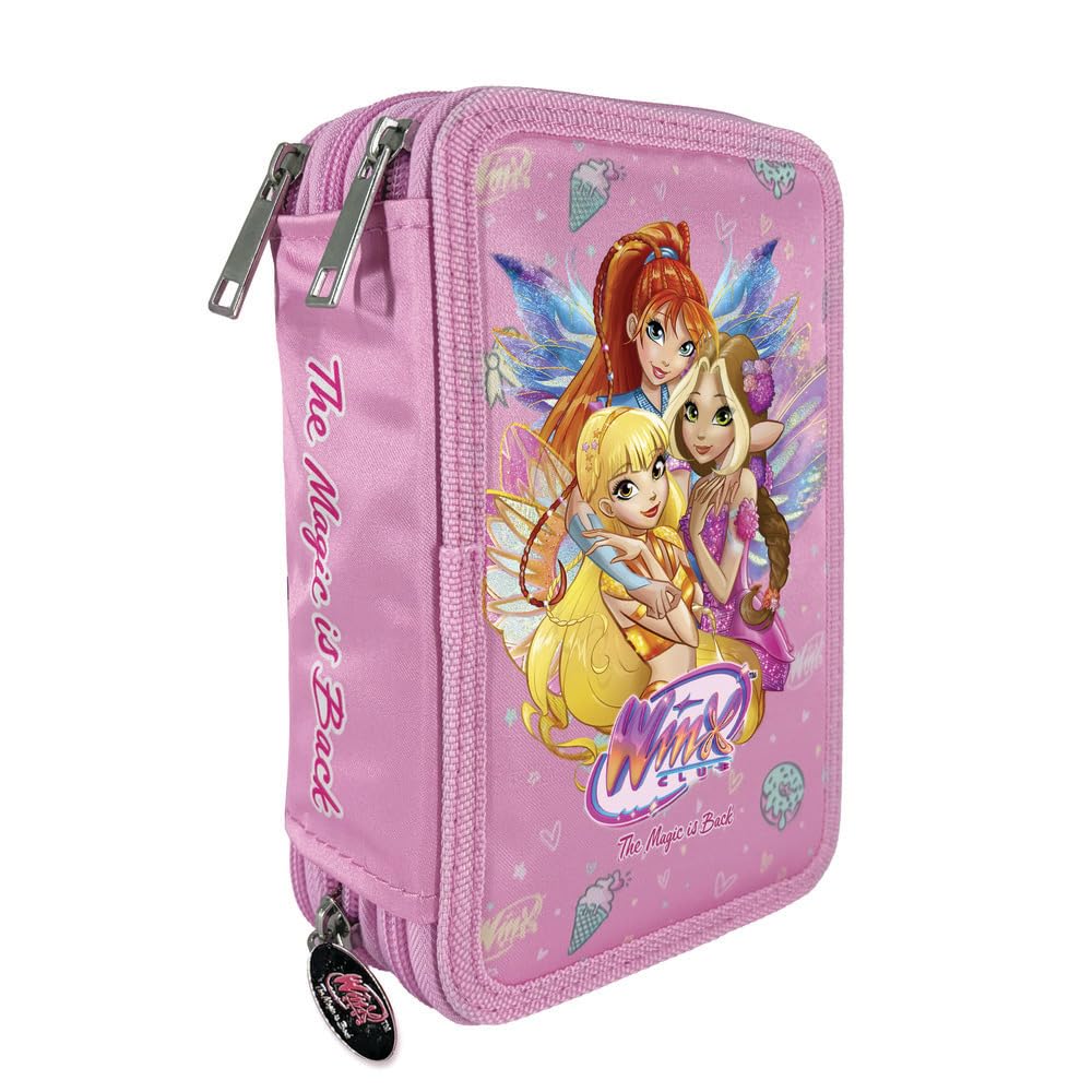 Trolley Zaino Winx scuola versione Tonda organizzato 3 Scomparti zip per bambine primaria + Astuccio 3 piani completo di cancelleria + Diario 2026/2027 + kit penne e portachiave paillettes