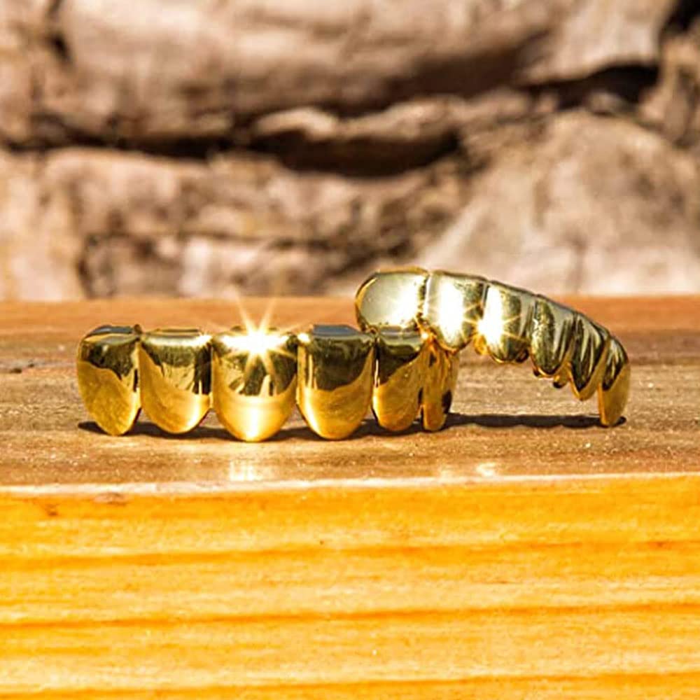yufana 2 Pcs Top Bottom Teeth Grills,Shine Gold Grills Color Tooth Grills Top Bottom Fake Mouth Grills Plated Gold Silver Grills Mouth Bottom Grills for Joker Rapper,Halloween Costume - Image 4