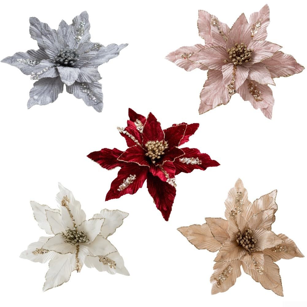 Fiore Di Natale In Velluto Glitterato Rosso – Decorazione Per Albero Con Stella, 22 Cm, Leggero E Brillante Per Festività