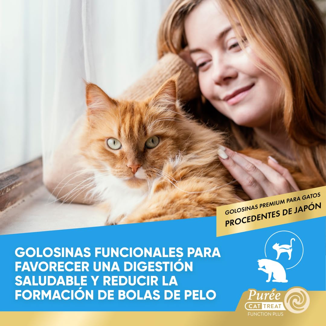 INABA Churu Hairball Control, Snack Cremoso para Gatos contra Las Bolas de Pelo, con Atún, Pollo y Salmón, Puré Suave con Fibra Añadida, Rico en Omega 3 y 6, Alto Contenido en Humedad, 60 Tubos x 14g
