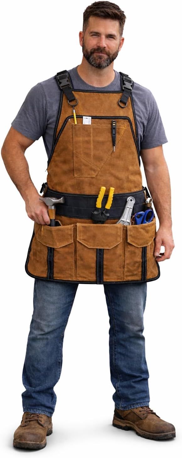 Woodworking Apron Waxed Canvas Tool Carpenter Workshop Apron, Adjustable Shop Aprons For Men Women | 9 Big Pockets