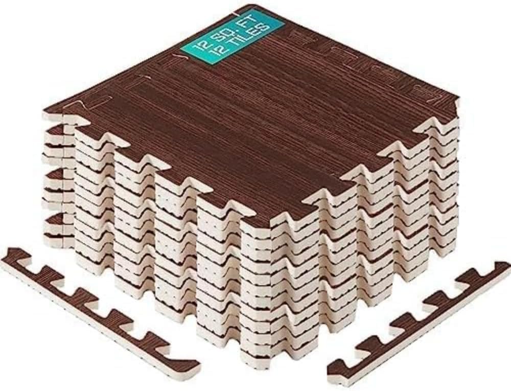 Yes4All EVA Interlocking Mats, Puzzle Floor Tiles, Foam Floor Padding with Border for Furniture, Home Space, Living Room, Garage - Dark Walnut Wood, 1.02 m2