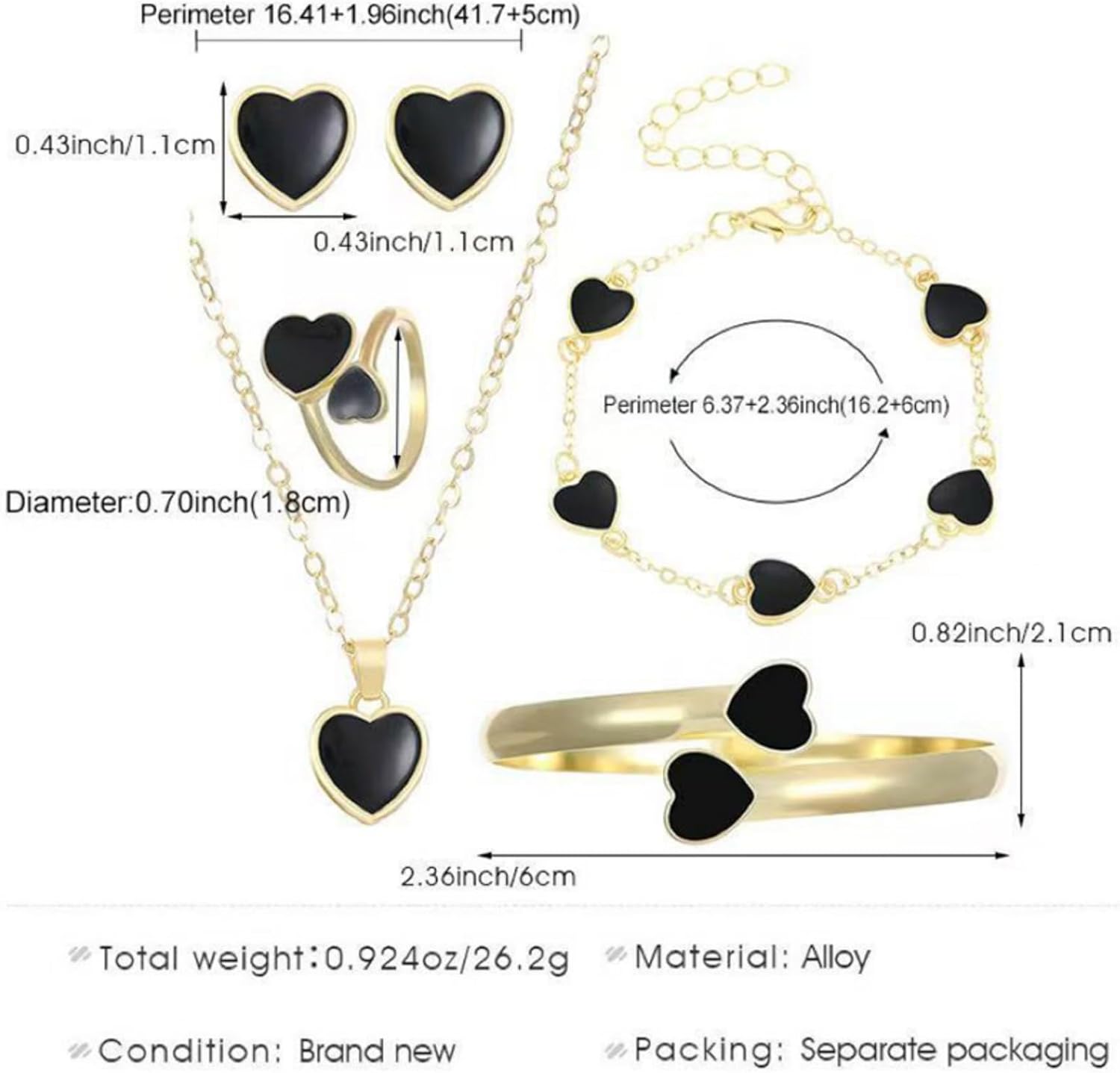 5 Pcs Heart Jewelry Set for Women Exquisite Heart Pendant Necklace Stud Earrings Adjustable Ring 14K Gold Enamel Love Bracelet Wedding Christmas Valentine's Day Jewelry Best Gifts - Image 7