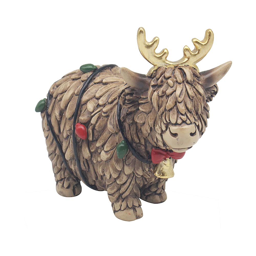 Christmas Highland Cow Ornament 11cm - Gold Antlers and Bell with Lights