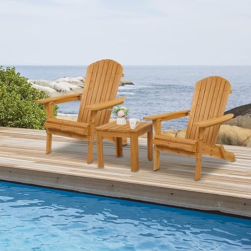 Miniatura 2 de Juego de 3 sillas Adirondack plegables cómodas con mesa auxiliar, madera de abeto, acabado natural, ahorro de espacio para patio y jardín al aire