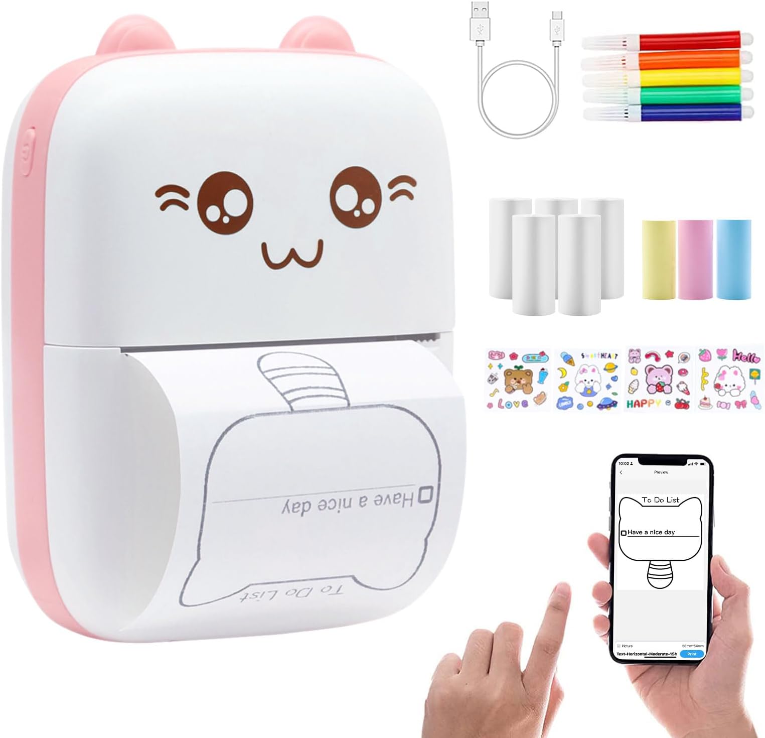 Mini Thermal Printer,Bluetooth Labler Maker,Portable Inkless Printers Compatible with Android and ios,Printable Photos,Lists,Memo,QR Codes,Notes(With 8 Roll Thermal Paper+5 Colored Pens)