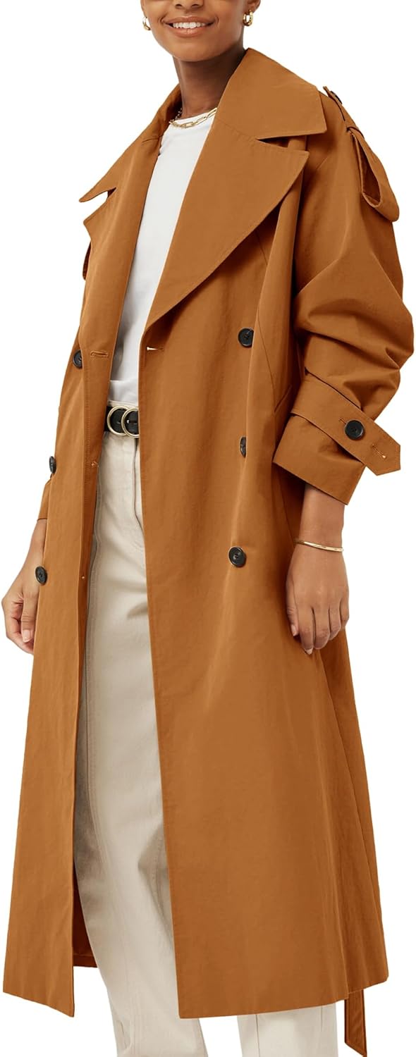 Farktop Womens Oversized Long Trench Coat Double Breasted Lapel Windproof Overcoat with Belt - Image 2