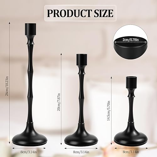 Miniatura 2 de Juego de 3 portavelas cónico con textura de bambú negro mate, portavelas modernos de granja para bodas, Navidad, decoración de centro de mesa de