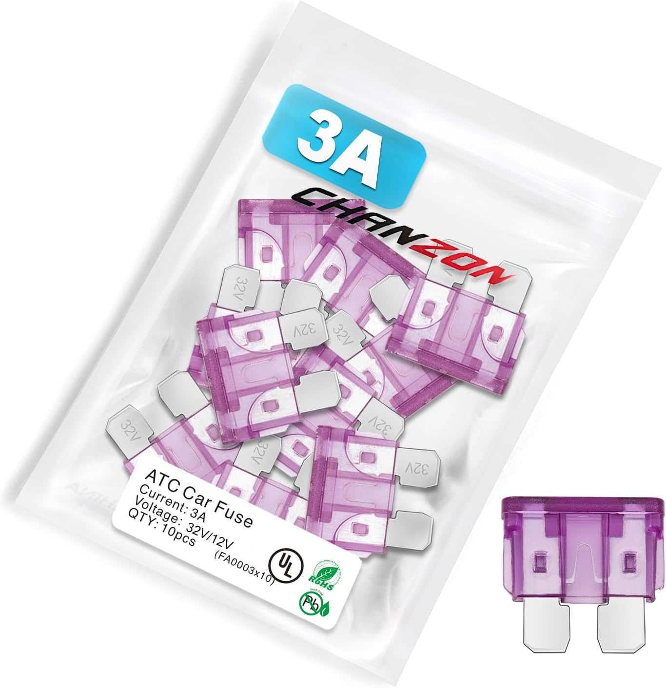 Chanzon Fusible de hoja estándar 3A con certificación UL ATCATOAPR 3 Amp 32V 10 fusibles automáticos de golpe rápido para automóvil, RV, camión, SUV