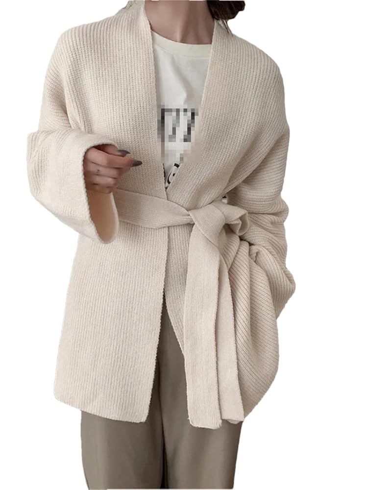 Women Belted Knitting Cardigan Sweater Loose Fit V-Neck Long
