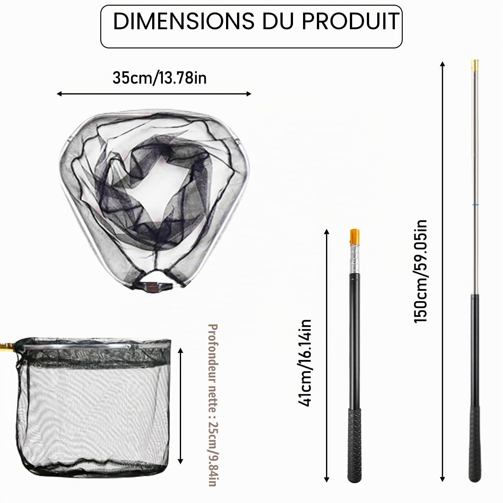 Épuisette de pêche télescopique pliable de 130 cm avec sac de rangement, longueur réglable, épuisette de pêche en nylon durable pour enfants et adultes