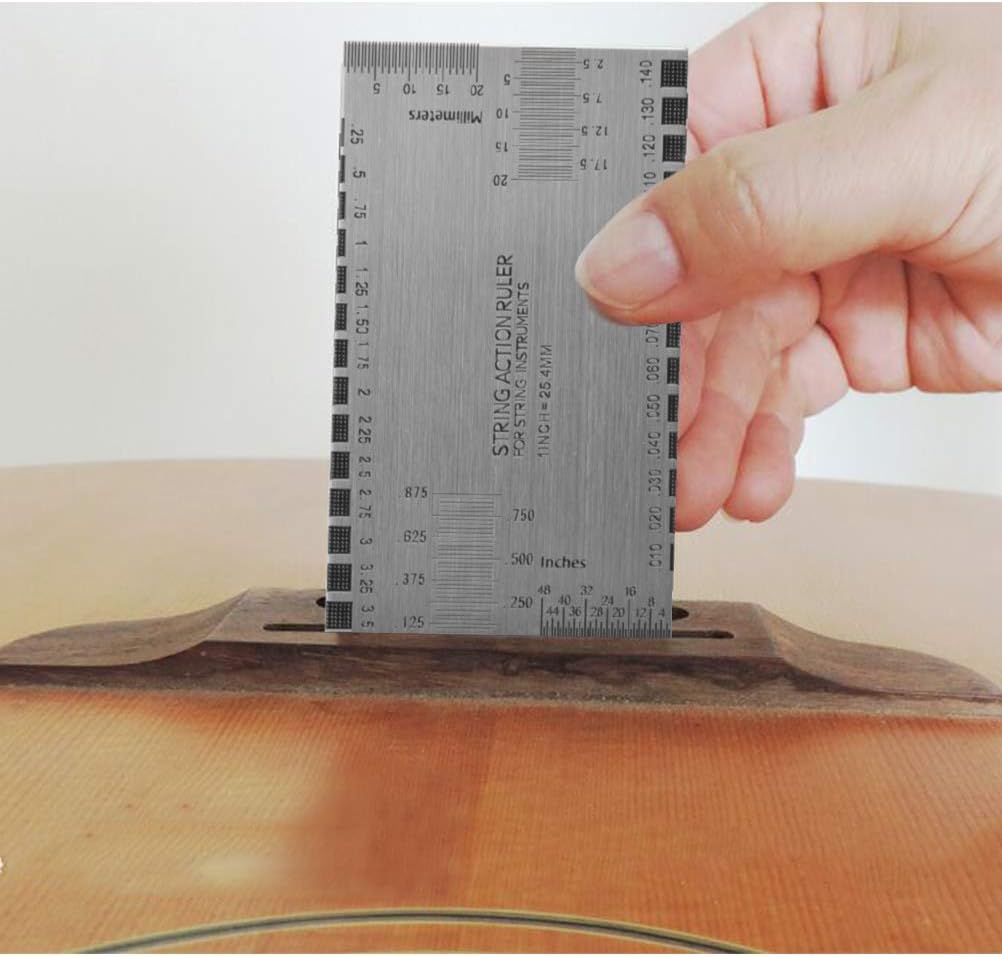 TIMESETL 17 Pcs Guitar Luthier Tools Including 4 Guitar Notched Radius Gauges, 9 Understring Radius Gauge Luthier Tools, 32 Blades Feeler Gauge, String Action Gauge Ruler and 2 Fingerboard Guards