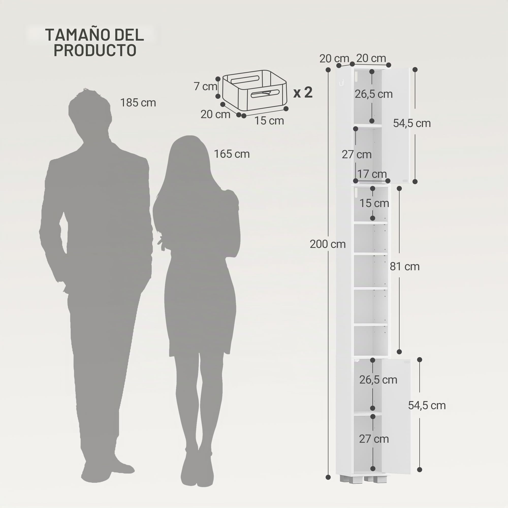 Hzuaneri Mueble de Baño Alto, Columna Baño, Armario Alto con 2 Puertas, 2 Cajas de Almacenamiento y Compartimentos Abiertos, Estantes Ajustables, 20 x 20 x 200 cm, Blanco BC28503X
