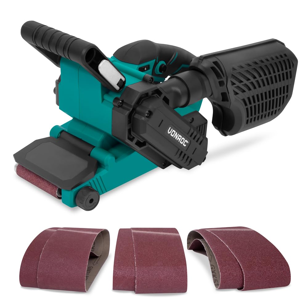 VONROC - Lijadora de banda de 710 W, incluye 6 bandas abrasivas, velocidad variable: 120-380 r/min, incluye una bandeja de recuperación de polvo resistente, apta para bandas abrasivas de 75 x 457 mm
