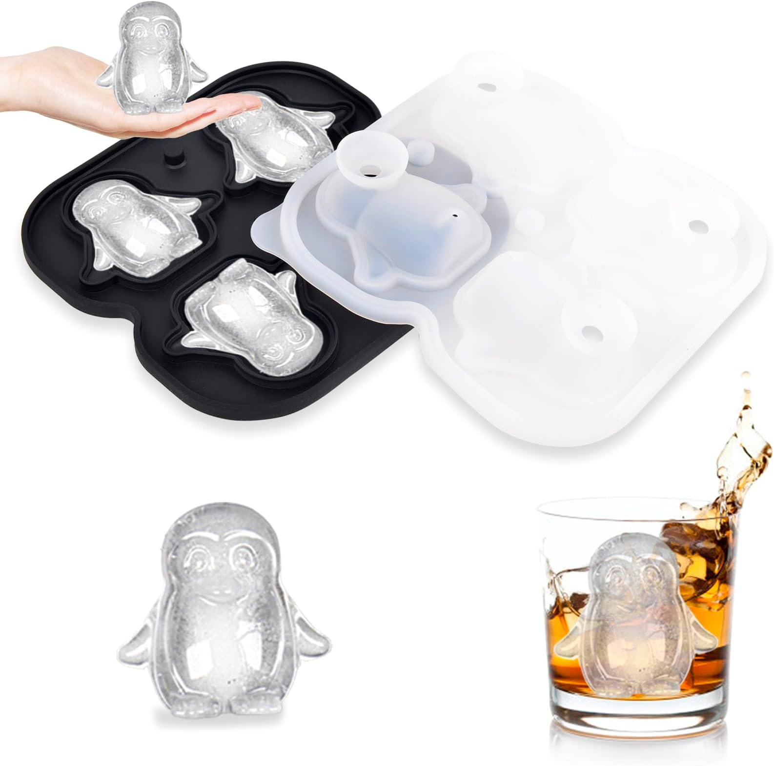 Penguin Ice Cube Tray Mold - 3D Penguin Shape Ice Cube Trays, Cute Ice Cube Molds for Whiskey Bourbon, 4-Hole Large Fun Shapes Ice Cube Trays, Funny Penguin Gifts for Penguin Lovers Women Men