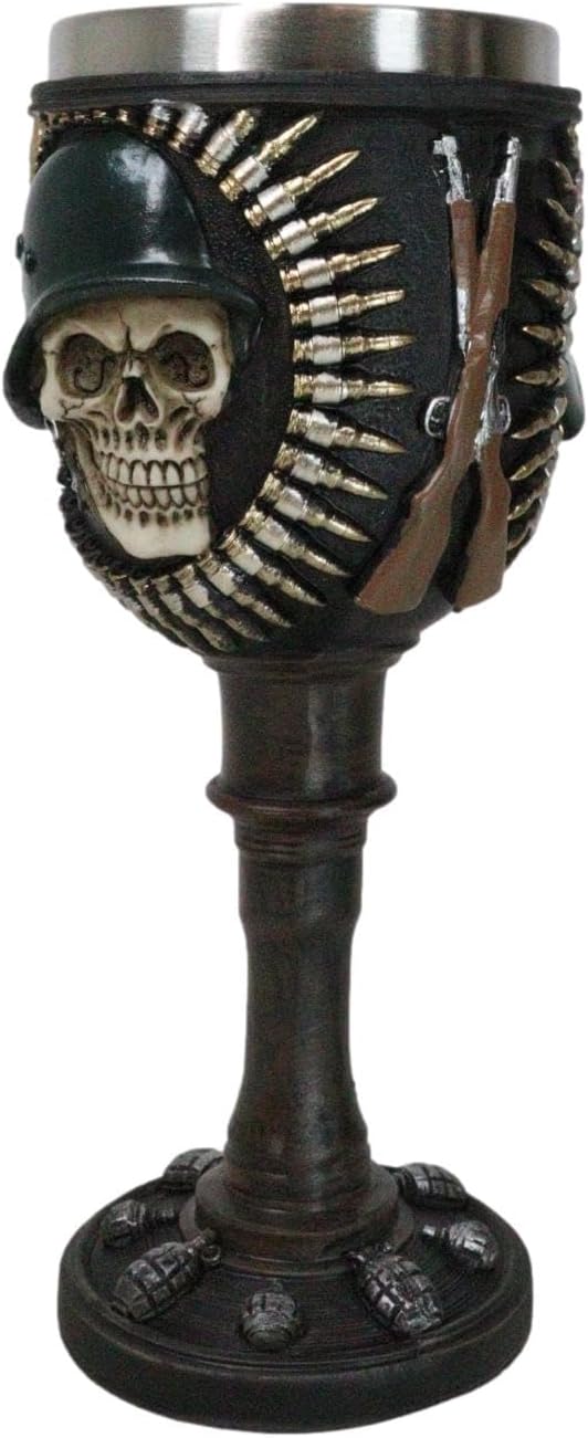 Ebros Gift War Dog Skeleton Cranium Army Platoon Soldier Skull With Helmet Bullets And Rifles Beverage Wine Goblet Chalice Drinkware Serveware Ossuary Macabre Halloween Decorative Accent