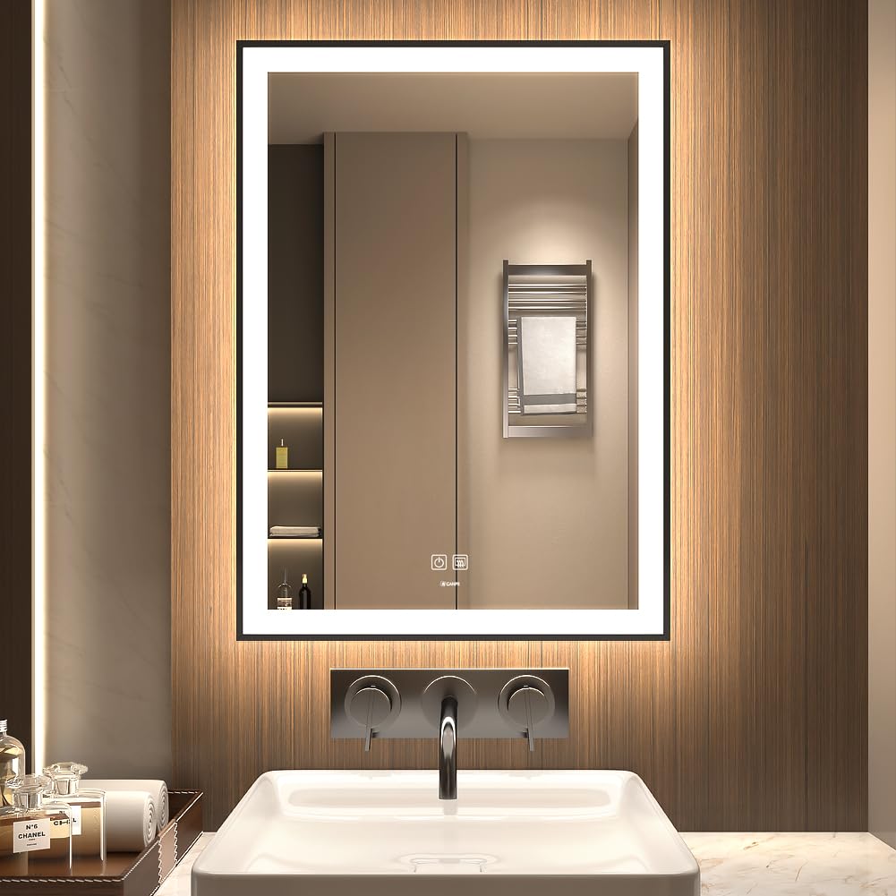 GANPE Specchio da bagno a LED, specchio da trucco da parete, grande specchio moderno senza cornice, anti nebbia+IP44 impermeabile+verticale e orizzontale (80 x 60 cm