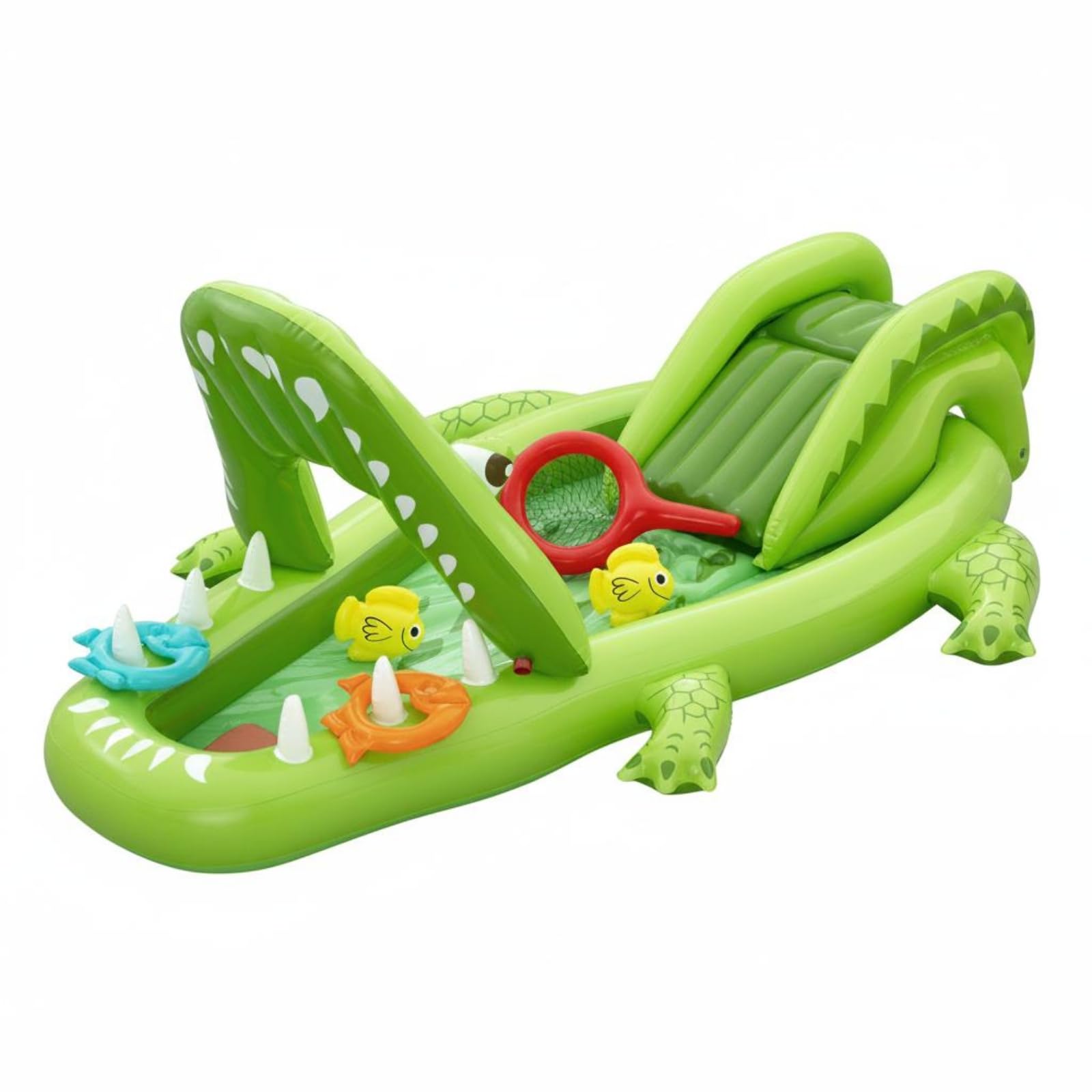Aufblasbarer Spielpool Krokodil Planschbecken Kinderpool Wassersprinkler mit Rutsche Und Spielzubehör aus PVC für Garten Rasen Terrasse