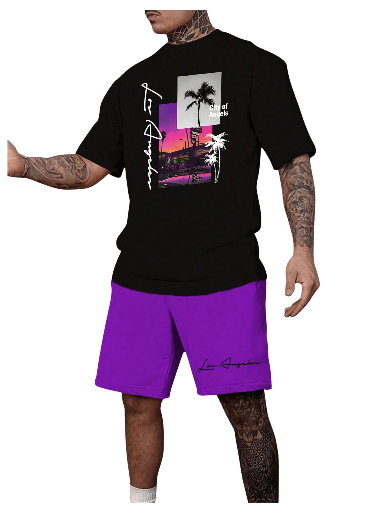 Men's 2 Piece Tropical Outfits Letter Print Short Sleeve Crewneck Shorts and T Shirt Set Tracksuits (Purple,L)