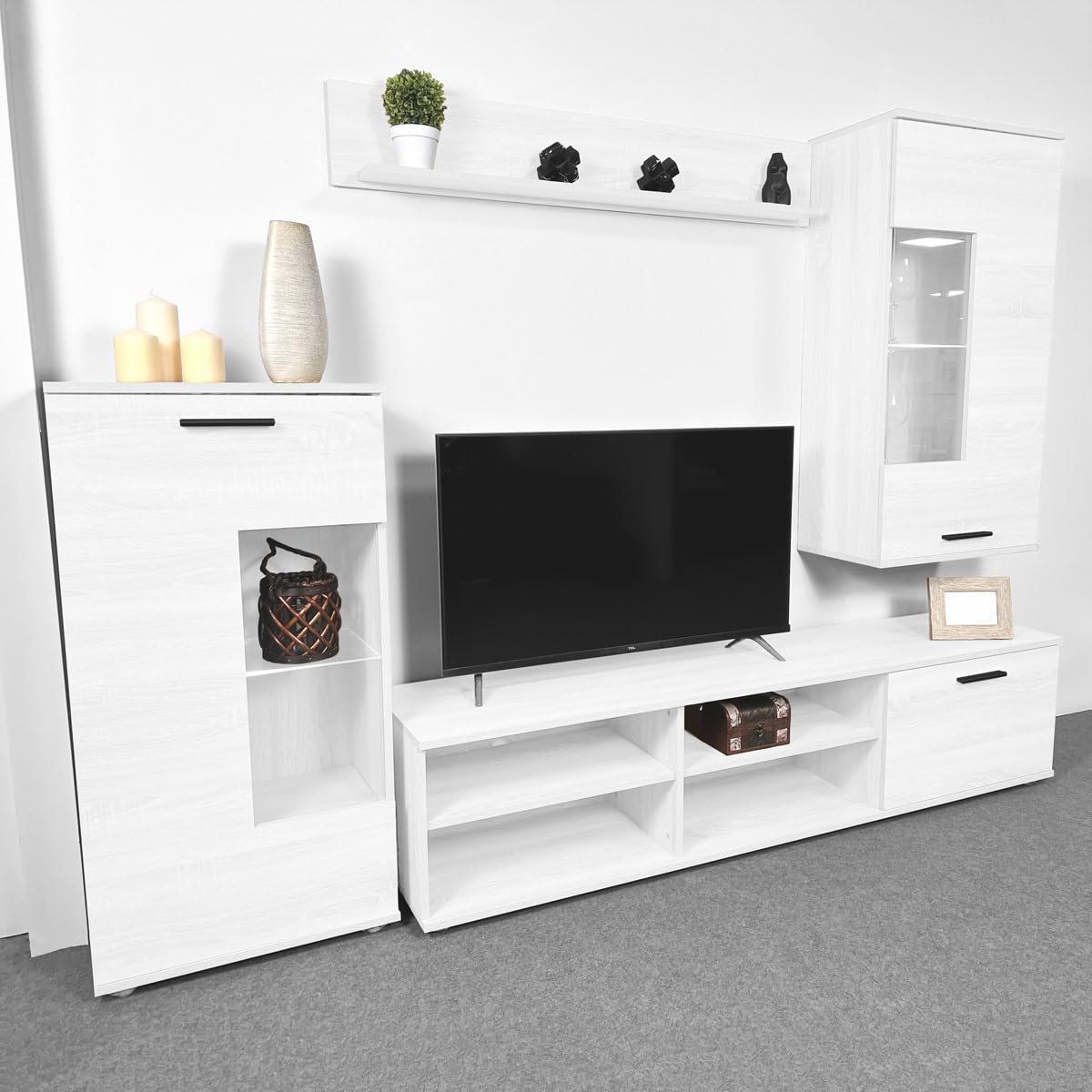 amuéblate Online - Mueble de Salón Moderno con Leds, Módulos de Comedor, Modelo Gaia, Acabado en Andersen, Medidas: 229 cm (Ancho) x 200 cm (Alto) 38 cm (Fondo)
