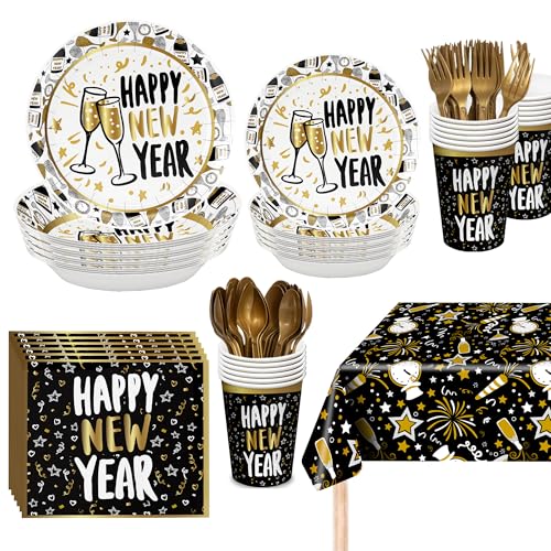 KatchOn, New Years Eve Tableware Set - Serves 25 Guests | Happy New Year Plates and Napkins for New Years Eve Party Supplies 2026 | Nye Tablecloth for Happy New Year Decorations 2026 by KatchOn - Used condition - US$22.33